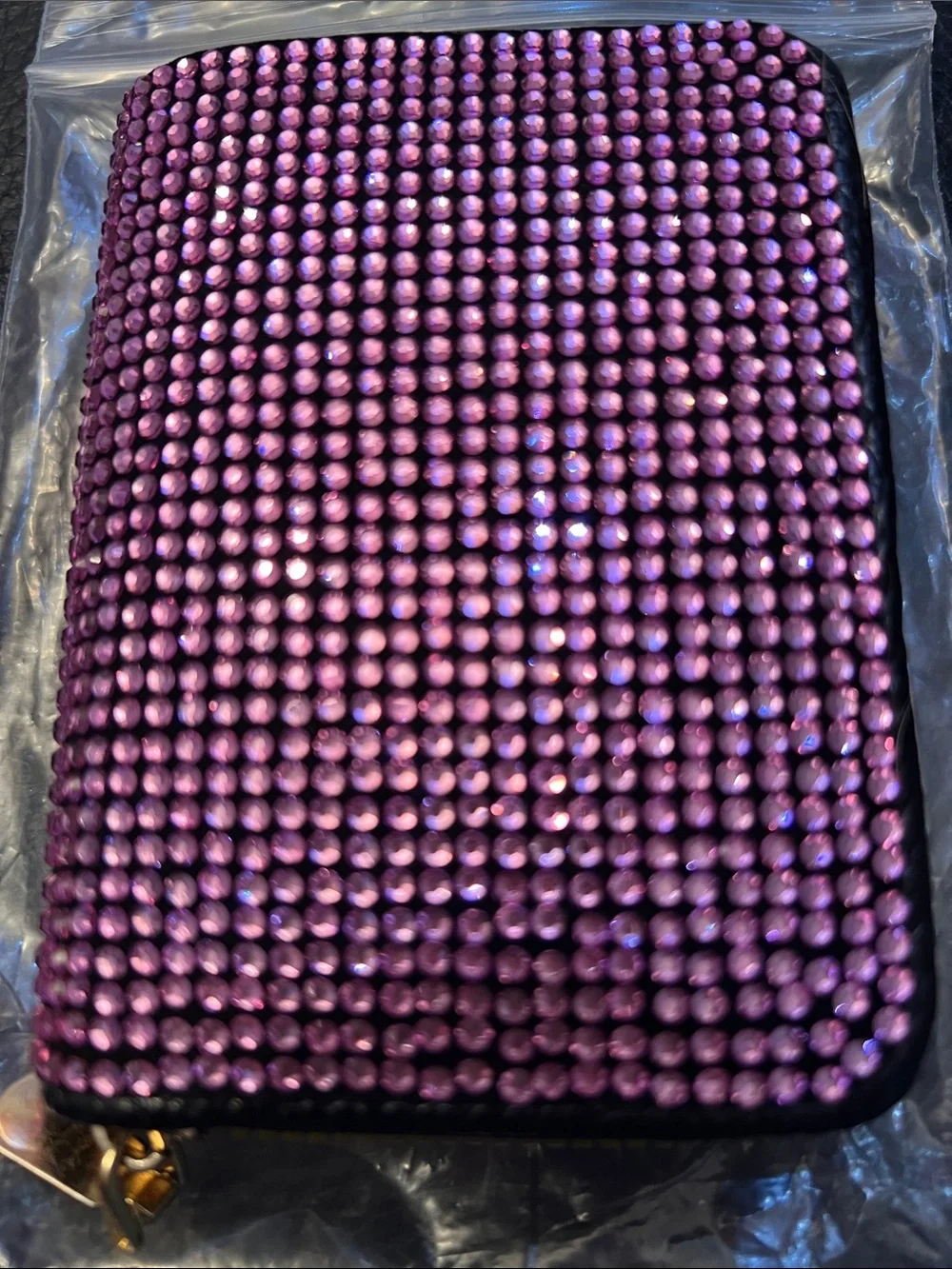 CARD HOLDER with PURPLE CRYSTALS, 11 SLOTS and ZIP CLOSE.